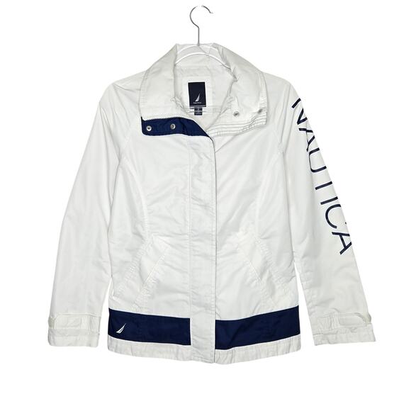 Nautica WH/NVY Sailing Wind Rain Jacket Womens SZ M Nautical Old Money Hooded - Picture 1 of 8